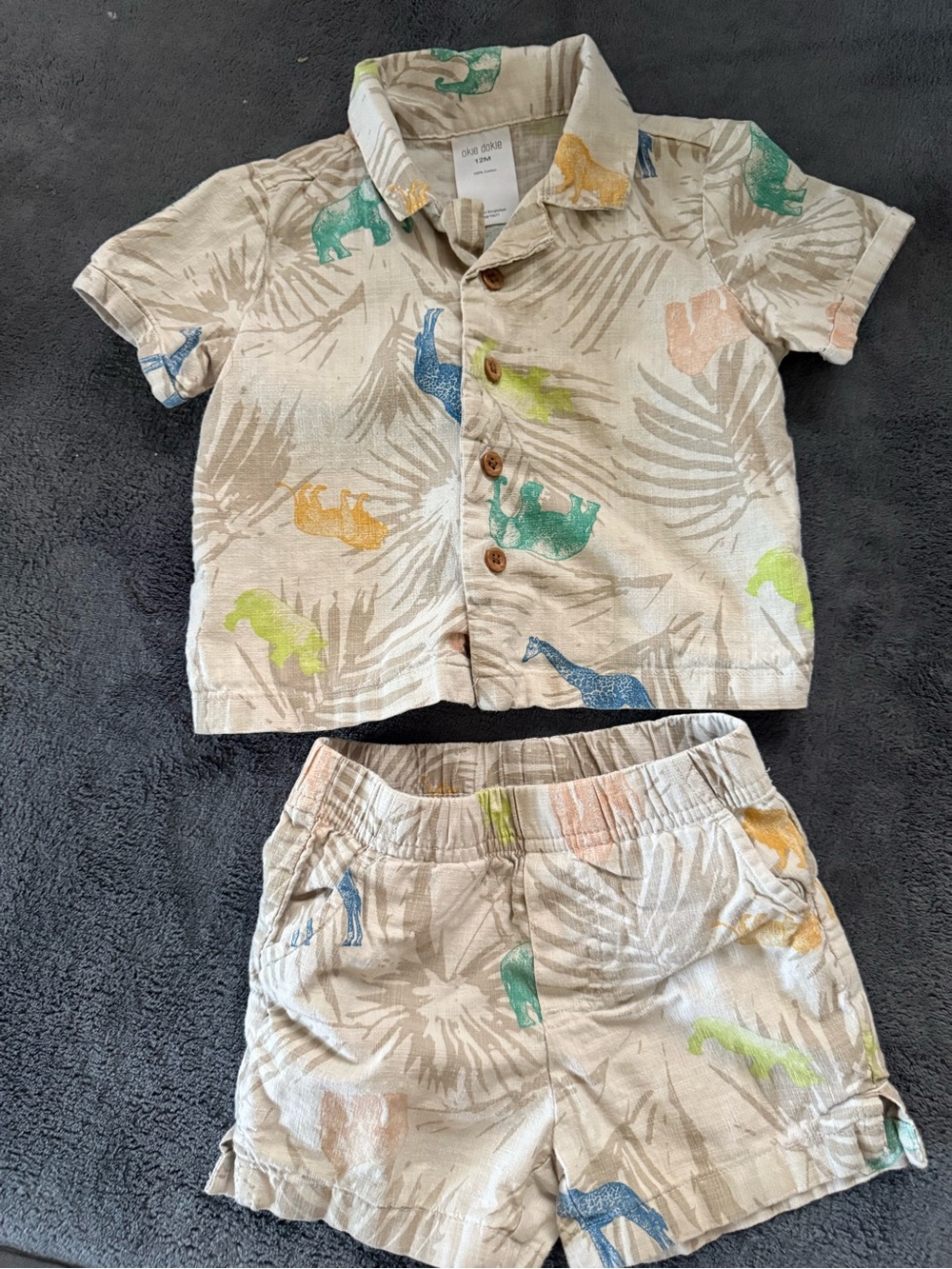Carter's Beige Tropical Dino Kids Pajama Set - Short Sleeve & Shorts